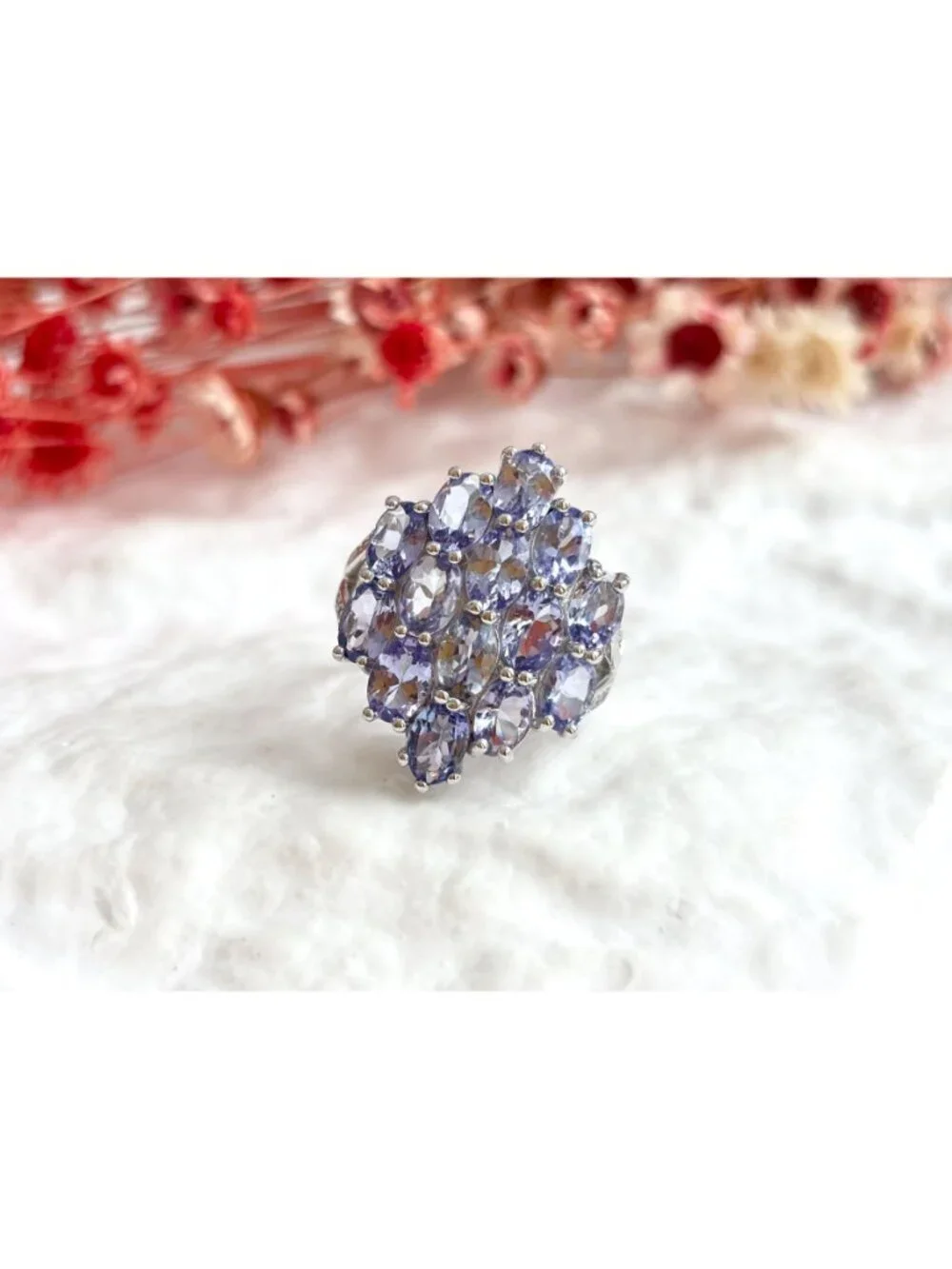 Tanzanite Gemstone Cluster Blooming Floral Sterling Silver 925 Vintage Ring sz 7